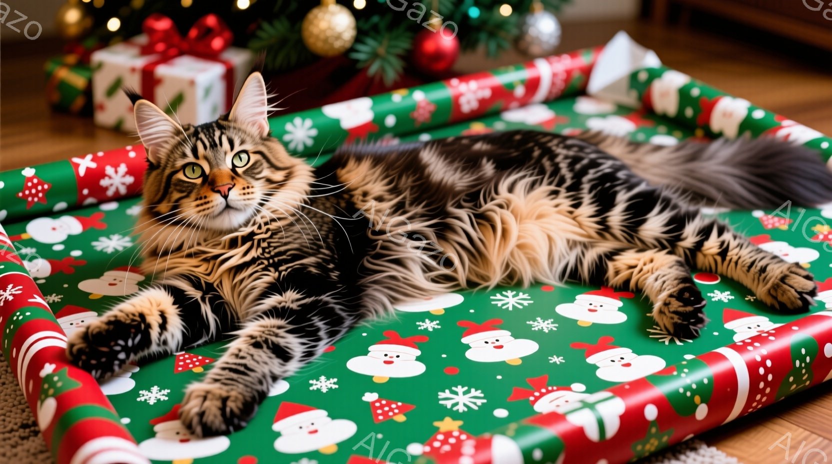 長毛の縞模様の猫が、クリスマス柄の包装紙の上に横たわっています。猫はリラックスした表情で、片足を前に伸ばし、ゆったりとくつろいでいます。背景にはクリスマスツリーがぼやけて見え、暖かく楽しいホリデーシー - AI生成フリー素材