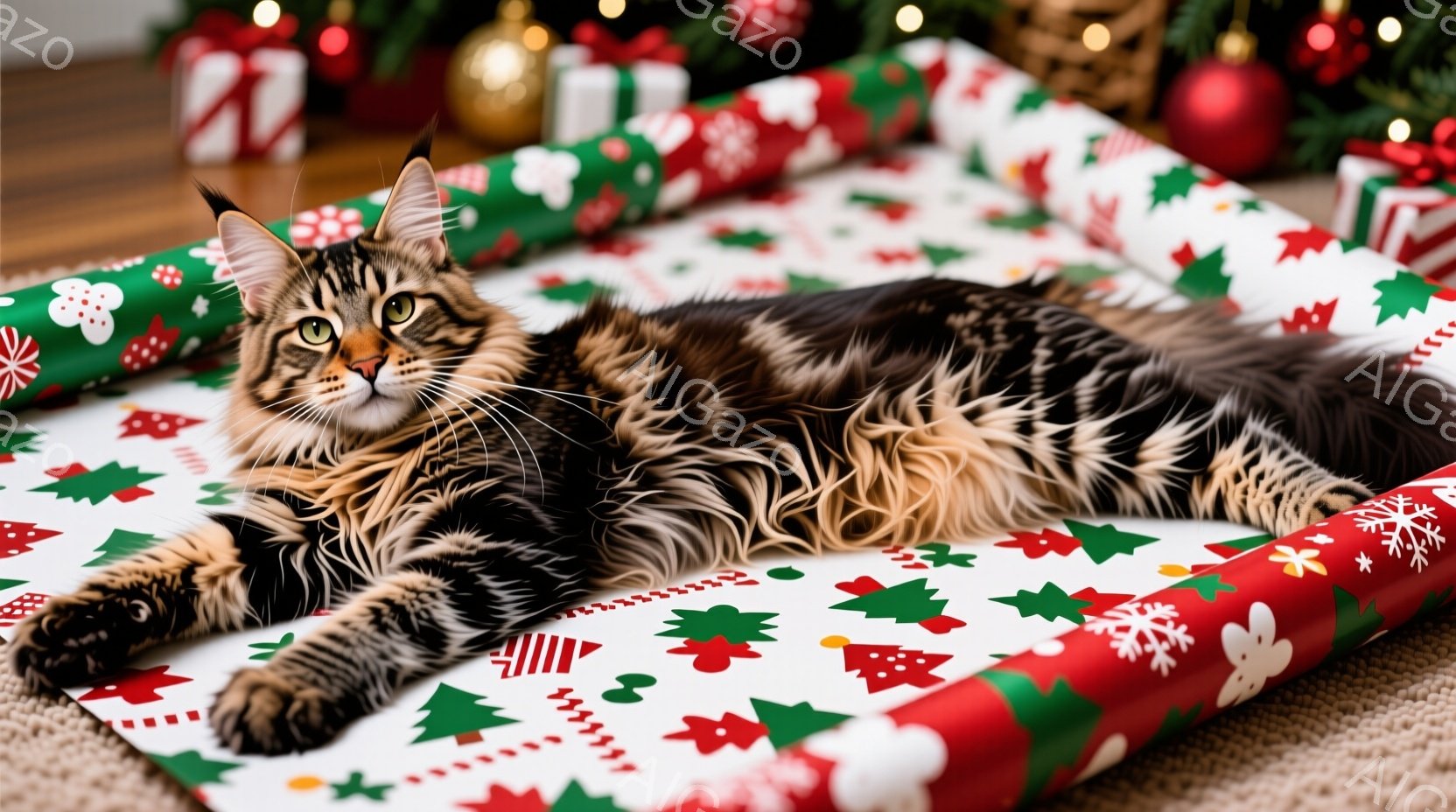 長毛の縞模様の猫が、クリスマスラッピングペーパーの上に横たわっています。猫は片足を伸ばし、リラックスした表情でこちらを見ています。背景には、クリスマスツリーやプレゼントボックスが見え、華やかで暖かいク - AI生成フリー素材