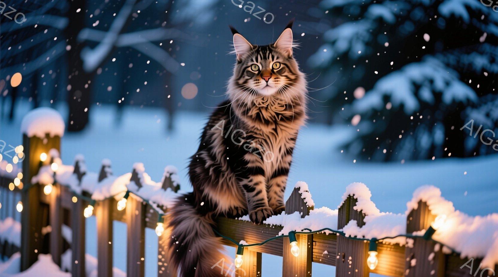 長毛のトラ柄の猫が、雪に覆われた木の柵の上で堂々と座っている。猫は前方をまっすぐ見つめ、少し厳しい表情で、まるで監視しているかのようだ。背景は雪景色で、ぼんやりと木々が見え、柵には温かい光を放つ電飾が - AI生成フリー素材