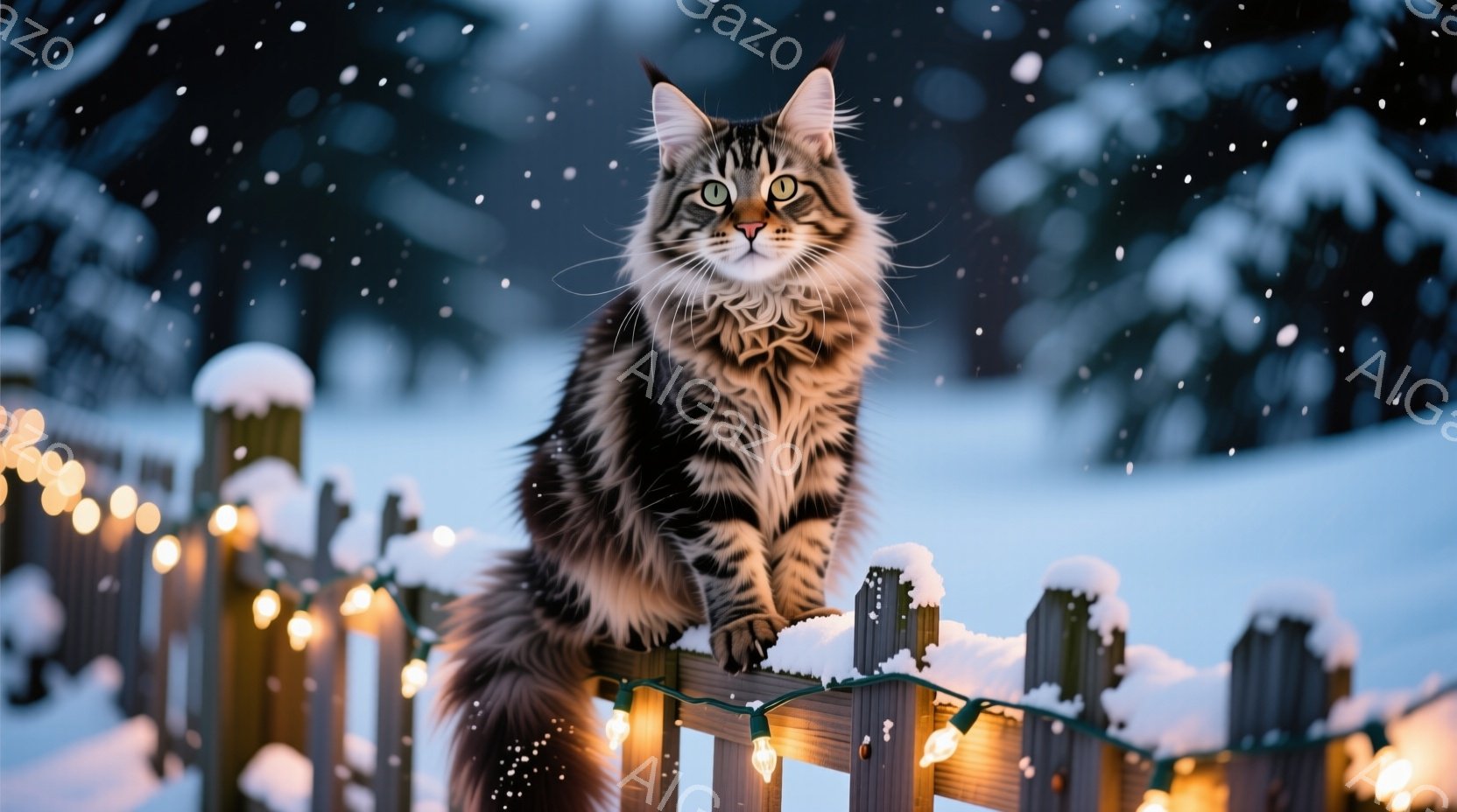 長毛の縞模様の猫が雪の積もった木の柵の上に座っています。その猫は正面を見据え、鋭い眼差しで少し上目遣いをしています。背景は雪景色で、ちらつく暖かい色の電飾が冬の静けさの中に温かみを加えています。 - AI生成フリー素材