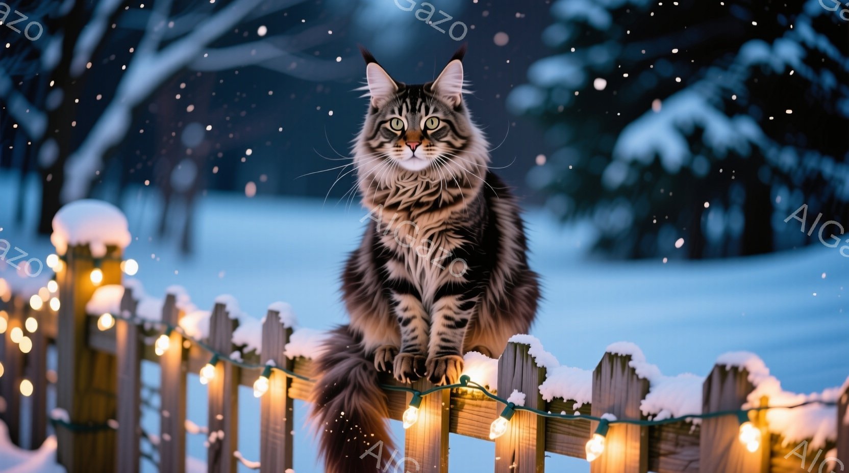 長い毛並みの大きな猫が、雪が積もった木の柵の上に座っています。背景は雪景色で、小さな電飾が柵に巻き付けられ、暖かい光を放っています。猫は正面を向き、緑色の瞳でカメラを見つめており、堂々とした雰囲気を漂わせています。