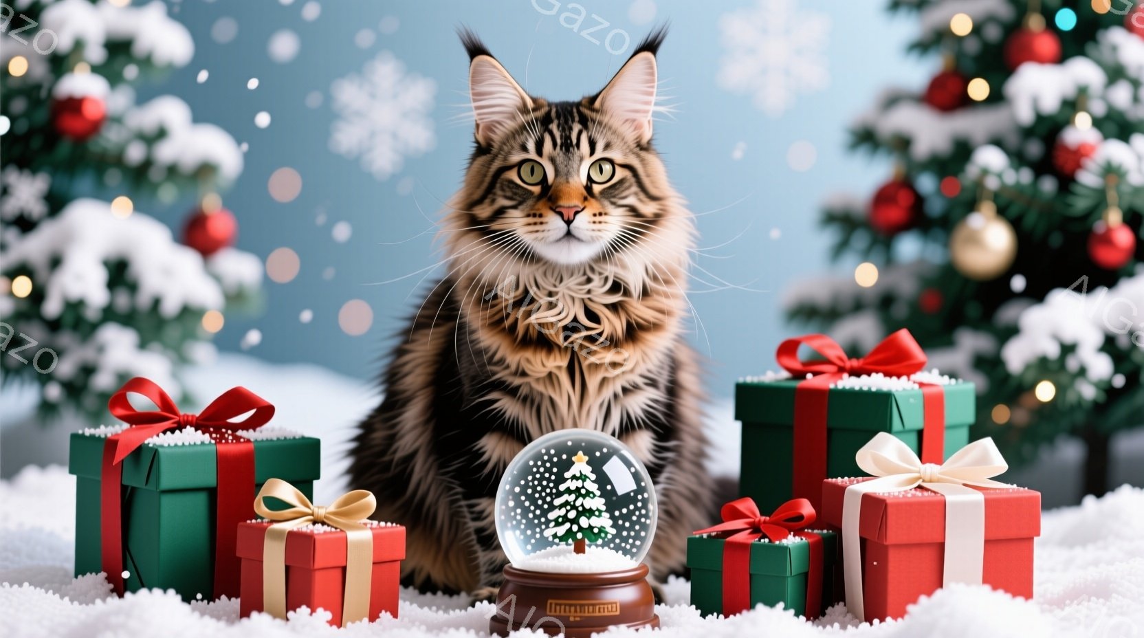 長毛のトラ猫が雪の上に座り、正面を見つめている。周囲には緑と赤のリボンで飾られたプレゼントボックスと、雪景色を閉じ込めたスノーグローブが置かれている。背景にはぼやけたクリスマスツリーが輝き、全体的に温 - AI生成フリー素材