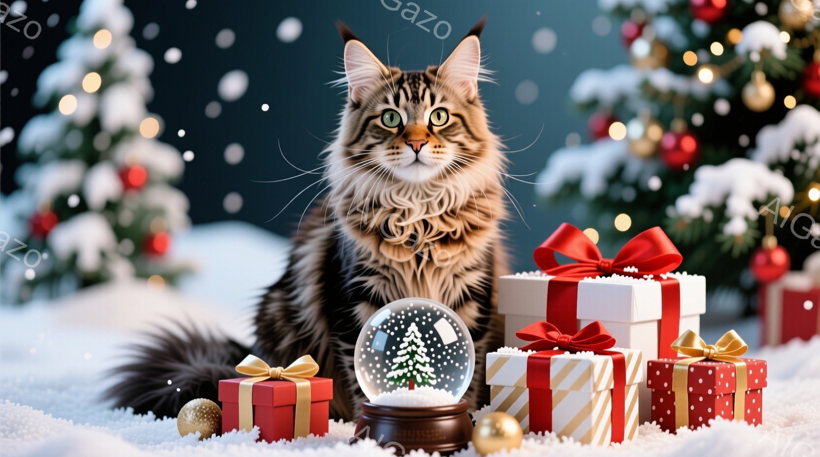 長毛の縞模様の猫が雪の上に座り、正面を見つめています。猫の周りには赤いリボンで飾られたプレゼントボックスの山と、雪の結晶が閉じ込められたガラス製のスノーグローブが置かれています。背景には飾り付けられた - AI生成フリー素材