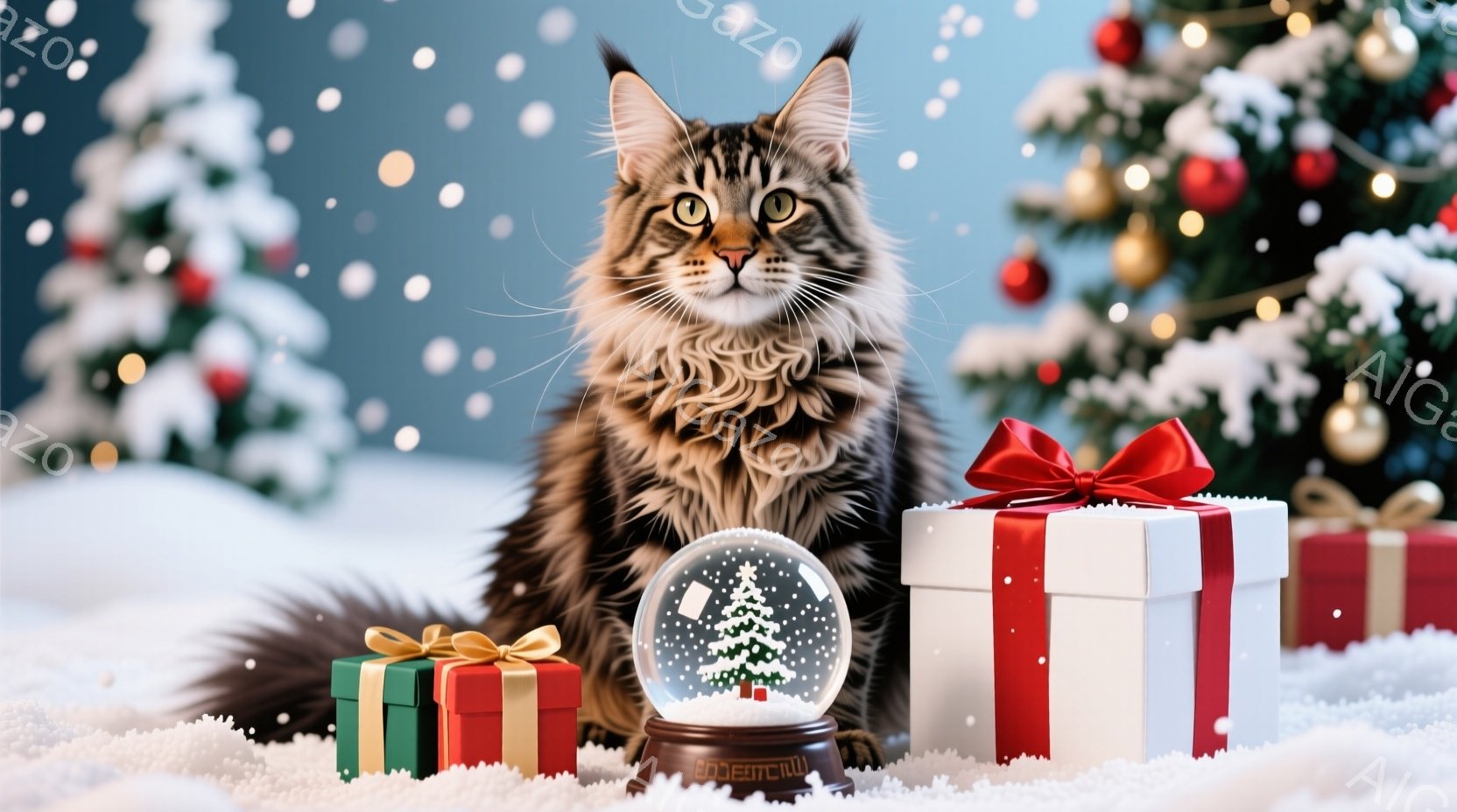 長毛の茶トラ猫が雪景色の中に座っており、前にはリボンのかかったプレゼントボックスと雪の結晶が入ったスノーグローブが置かれています。猫は前を見据え、落ち着いた表情で、クリスマスの雰囲気を感じさせます。背 - AI生成フリー素材