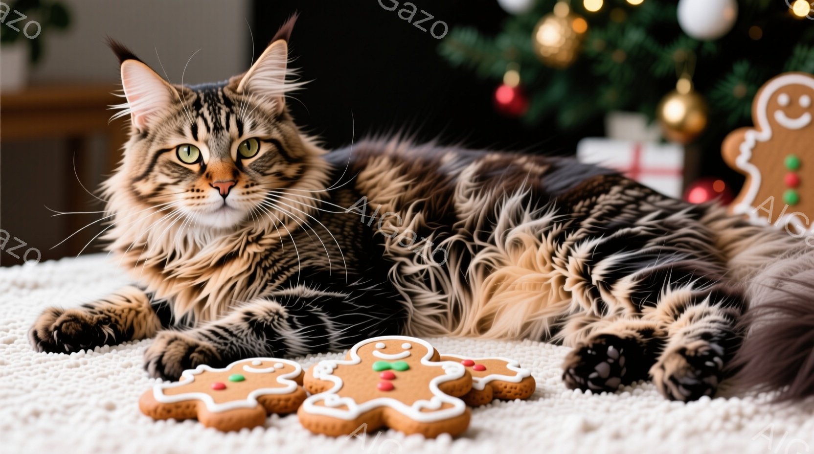 長毛のトラ柄の猫が白い毛布の上に横たわっており、まるで王様のように堂々とした姿勢をとっています。猫の周りには、アイシングで飾られたジンジャーブレッドマンのクッキーが数個置かれており、クリスマスの背景には飾り付けられたクリスマスツリーが見えます。暖色系の照明と毛布の白さが合わさり、温かく、穏やかなクリスマスの雰囲気を醸し出しています。