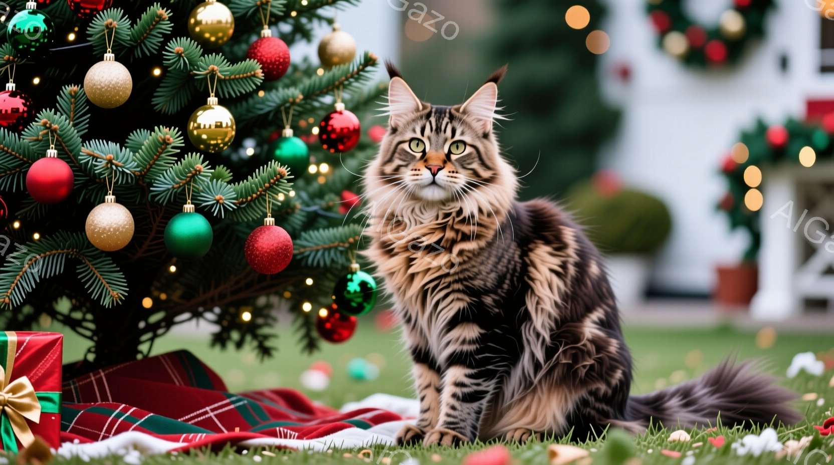 長毛の縞模様の猫が、クリスマスツリーの足元に座っています。猫は正面を見ており、少し警戒したような表情をしています。背景には緑の芝生、クリスマスツリーの装飾、そしてぼやけた家の外観が見え、お祝いムードの - AI生成フリー素材
