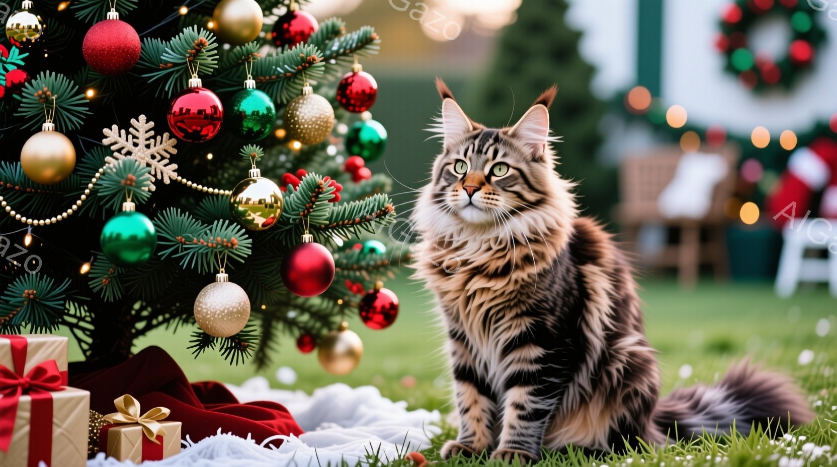 縞模様の大きな猫が、クリスマスツリーの近くの芝生に座っています。ツリーは金と赤のオーナメントで飾られ、プレゼントがいくつか置かれています。背景にはぼやけた家や庭が見え、暖かくお祝いの雰囲気が漂っていま - AI生成フリー素材