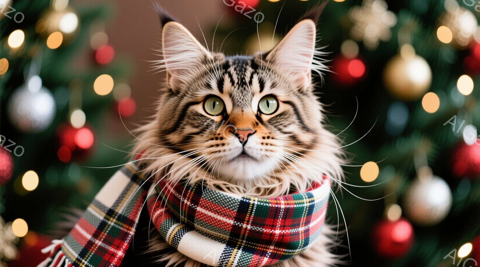 長毛の猫が、赤、緑、白のチェック柄の暖かいスカーフを首に巻いて正面を見つめています。猫は琥珀色の目を持ち、ふわふわとした毛並みと長いヒゲが特徴的です。背景には、ぼやけたクリスマスツリーと、キラキラと輝 - AI生成フリー素材