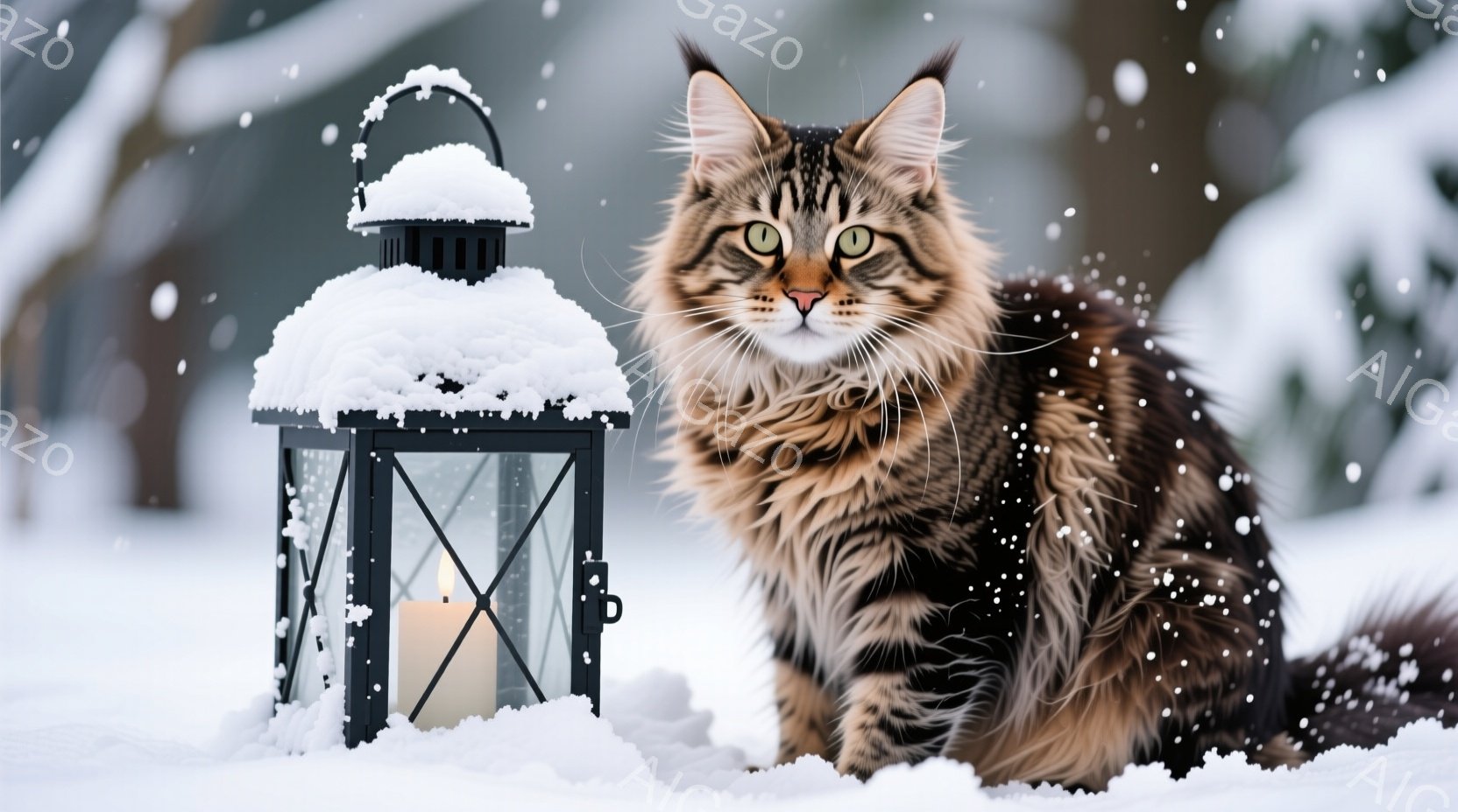 長毛の茶トラ猫が雪景色の中で、まっすぐカメラを見つめている。猫の毛並みはふさふさとしており、まるで冬の毛皮のようである。背後には雪で覆われた装飾的なランタンがあり、雪が舞う幻想的な雰囲気を醸し出している。