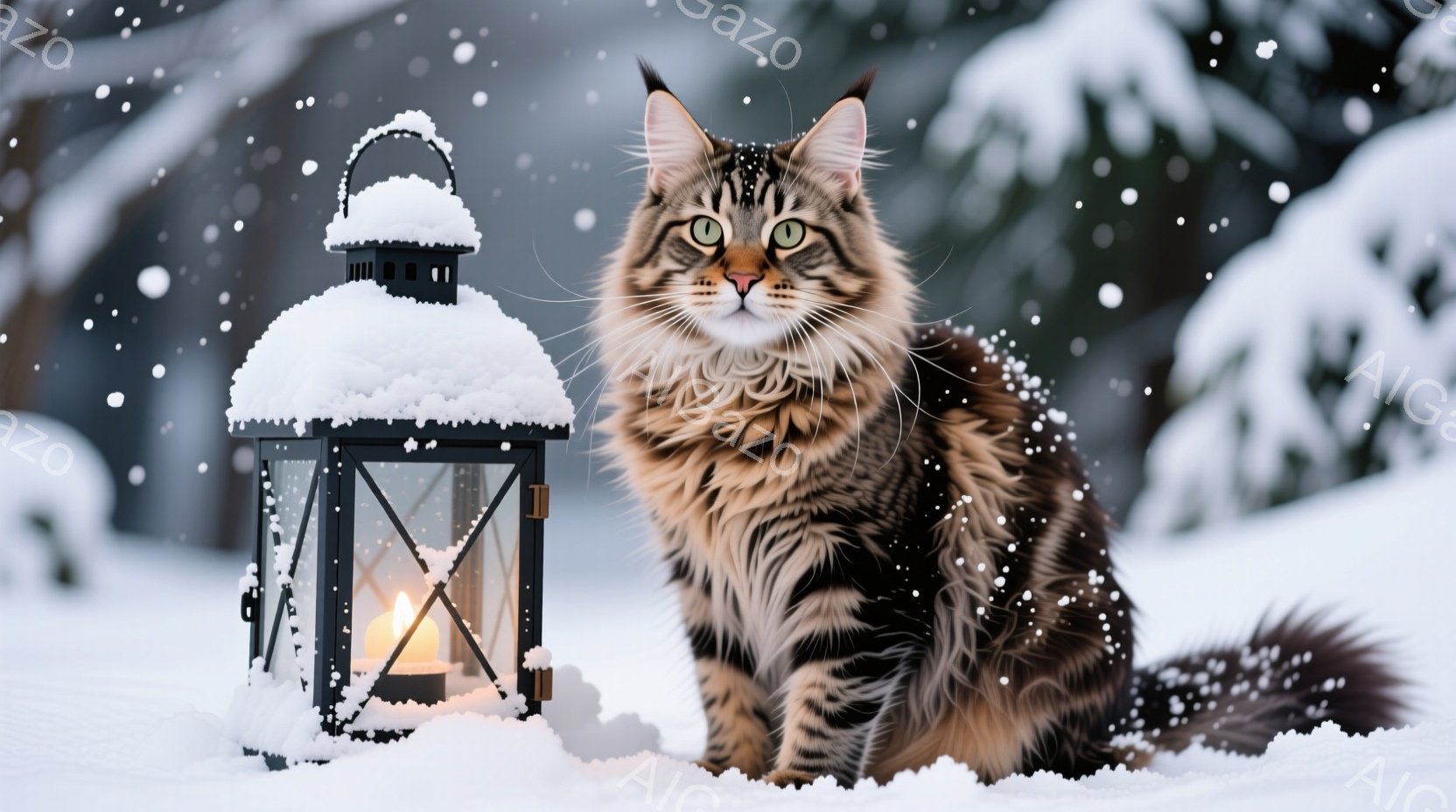 長毛の茶トラ猫が雪景色の中で座っており、その毛並みはふさふさとしていて美しい。背後にはキャンドルが灯ったランタンが置かれ、雪が積もって冬の静けさが漂っている。猫は落ち着いた表情で正面を見つめ、雪の降る穏やかな雰囲気に包まれている。