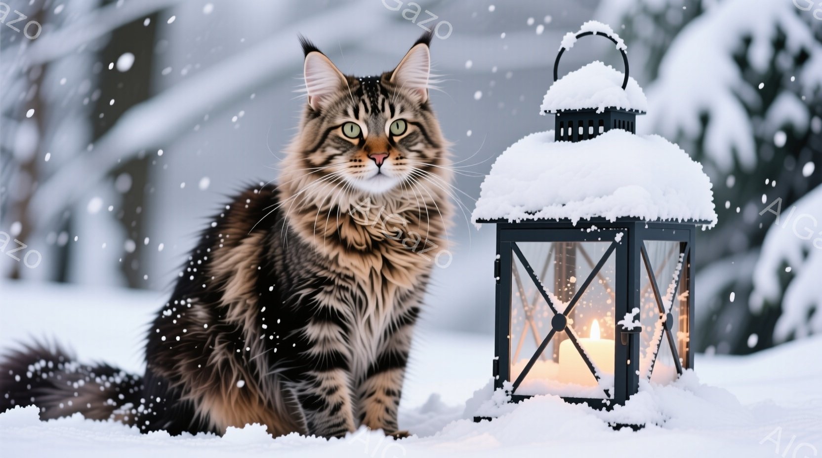 長毛の縞模様の猫が雪の中に座っており、鋭い緑色の目で見つめています。背景には雪に覆われたランタンがあり、その中で暖かな光が灯っています。周囲は雪景色で、冬の静寂と暖かさが感じられる雰囲気です。