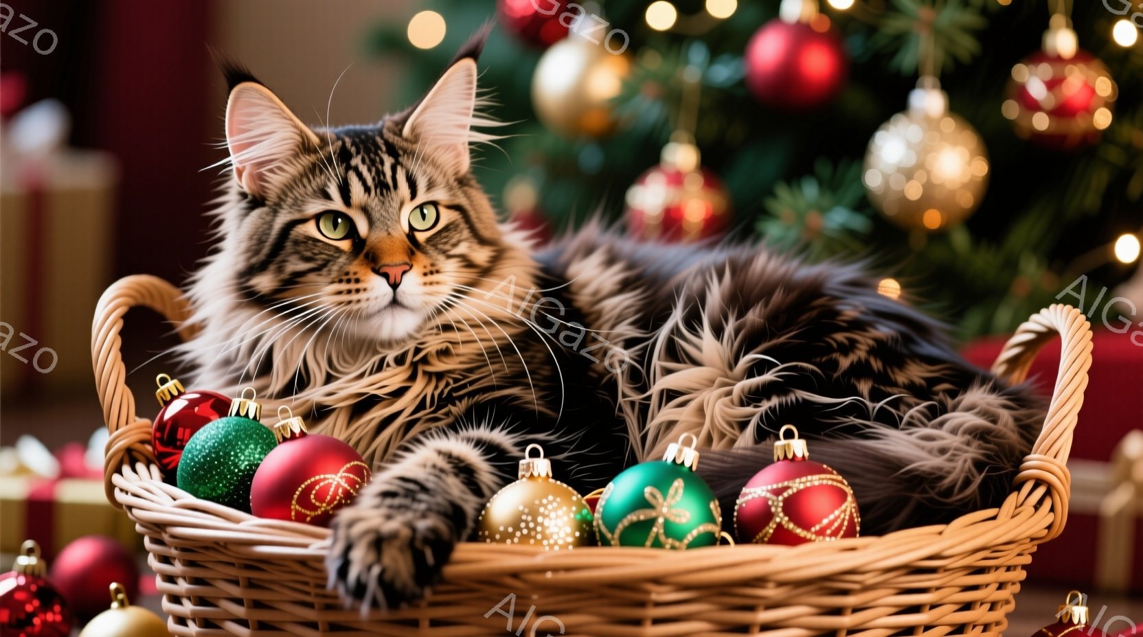長毛の猫が、クリスマスオーナメントで飾られた籐のバスケットに横たわっています。猫は縞模様の毛並みで、緑色の目をしています。背景には、ぼやけたクリスマスツリーとプレゼントが見え、全体的に暖かく、お祝いの雰囲気です。