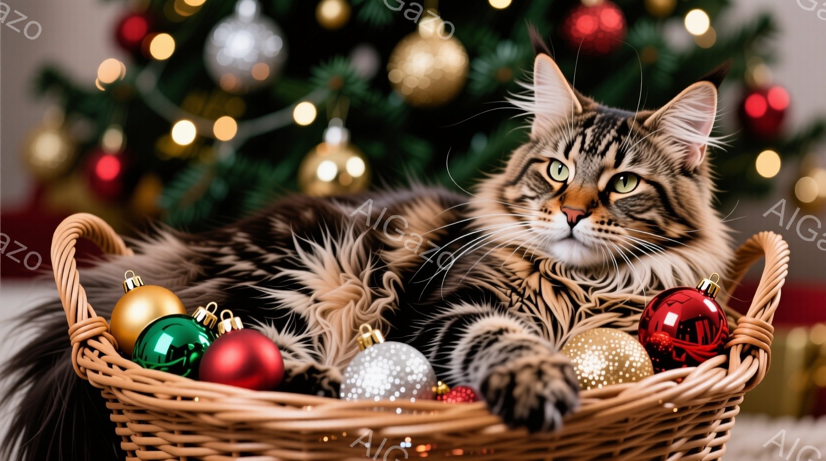 長い毛並みを持つ縞模様の猫が、クリスマスオーナメントでいっぱいの籠の中に横たわっています。猫はリラックスした表情で、少し上目遣いにカメラを見つめており、その姿はどこか余裕に満ちています。背景にはぼんやりとクリスマスツリーの緑とオーナメントの光が広がり、暖かく華やかなクリスマスの雰囲気を演出しています。