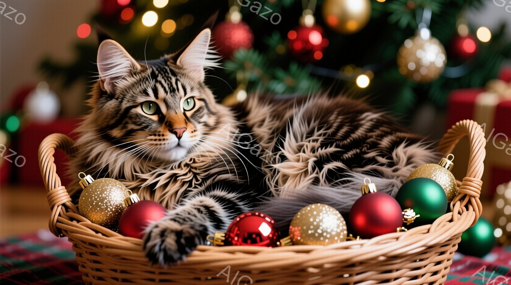 長毛の縞模様の猫が、クリスマスオーナメントで満たされた編みかごの中にゆったりと横たわっています。猫は緑色の目をしており、リラックスした表情で、片方の前足はかごの縁から出しています。背景には、ぼやけたク - AI生成フリー素材