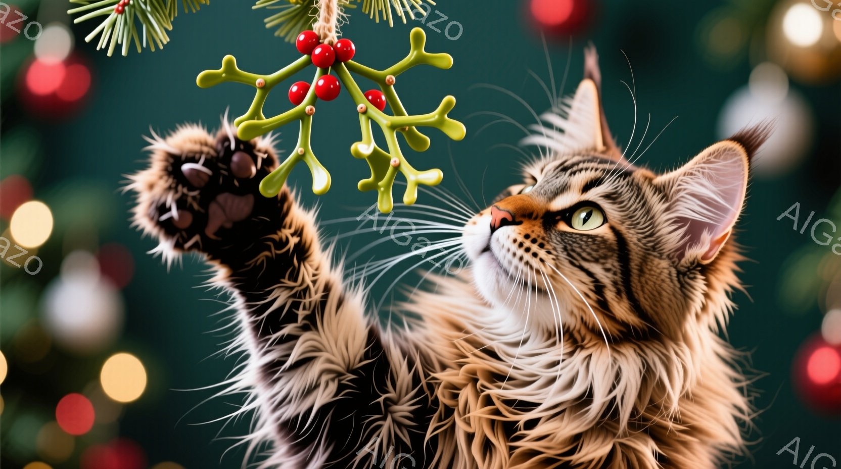 長毛の茶トラ猫が、クリスマスのオーナメントであるミズトーを前足で掴もうとしています。猫は上を見上げ、興味津々な表情で、毛並みはふさふさとしています。背景には緑色のクリスマスツリーと、ぼやけた色のクリスマスオーナメントが散りばめられており、温かく、遊び心のある雰囲気が漂っています。