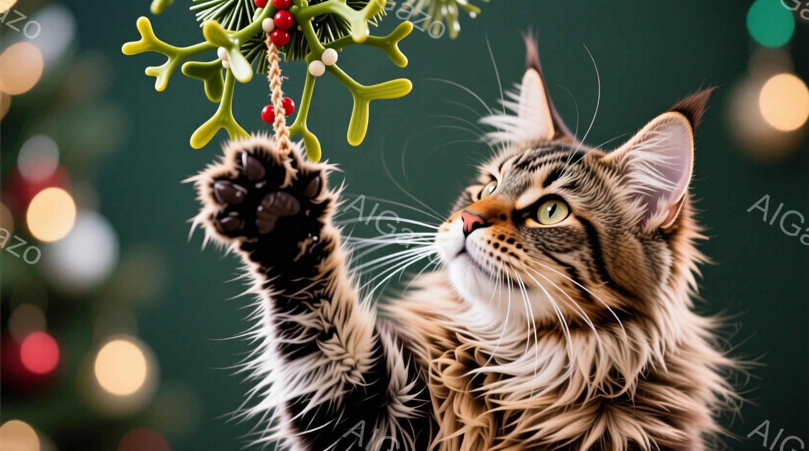 長毛の猫がミステルトーの上に手を伸ばしている様子が写っている。猫は明るい茶色の毛並みで、緑色の瞳が印象的だ。背景にはぼやけた緑色の光と、暖かみのある黄色の光が散りばめられており、クリスマスの雰囲気を醸し出している。