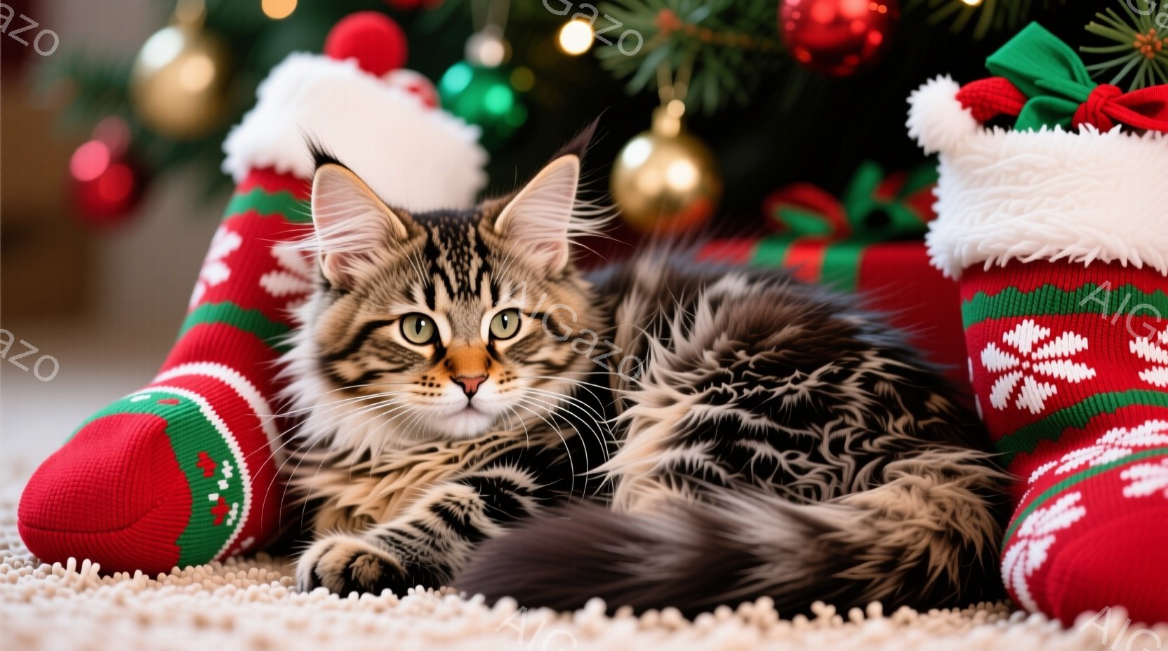 縞模様の猫が、赤いクリスマスソックスに挟まれて横たわっています。猫はリラックスした様子で、緑色の目をカメラに向かって捉え、穏やかな表情を浮かべています。背景には、クリスマスツリーの飾りとぼんやりとした - AI生成フリー素材