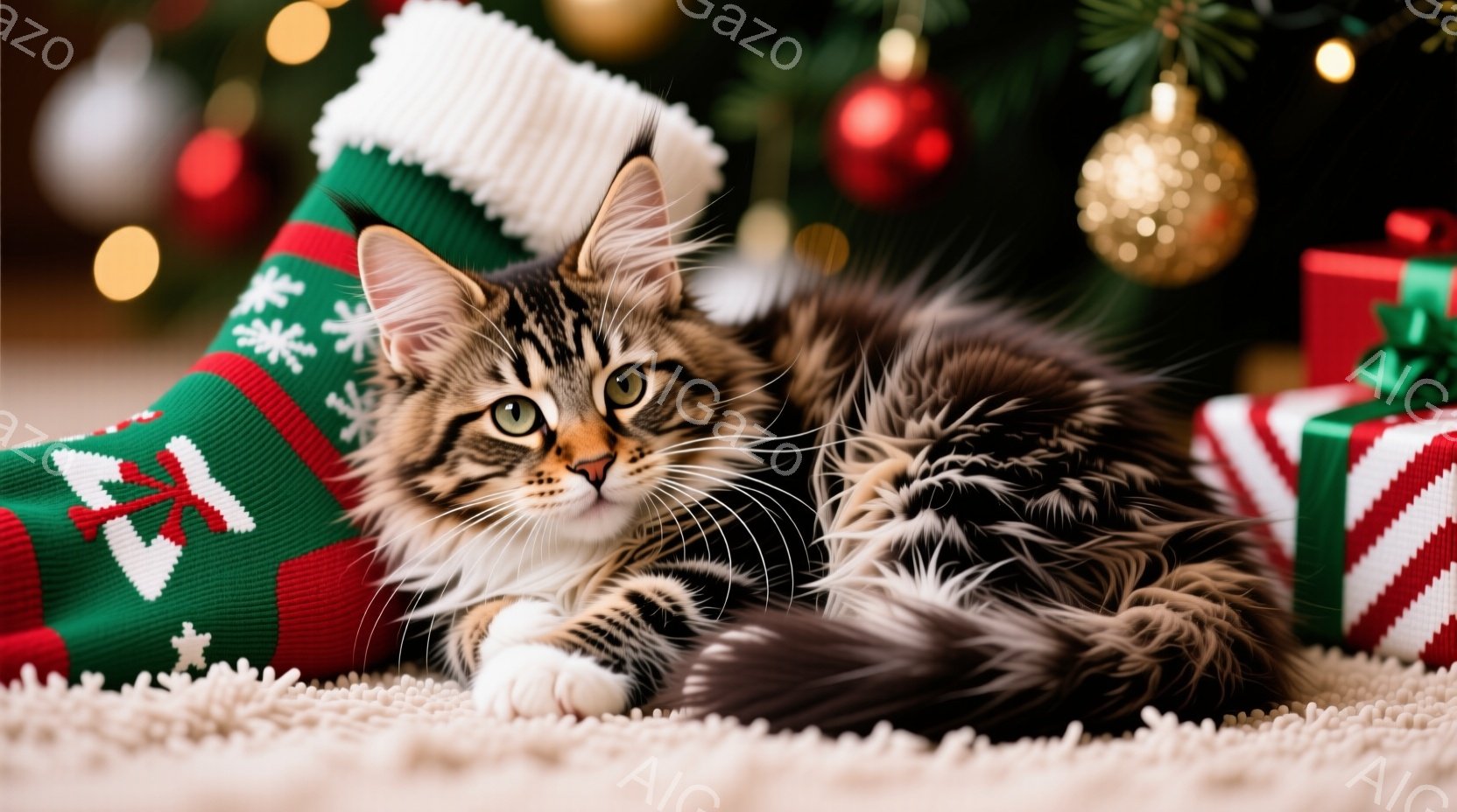 長毛の縞模様の猫が、赤い足元に緑色のバンドが入ったクリスマスストッキングに寄り添って横たわっています。猫は白い足と鋭い緑色の目を持ち、リラックスした様子でカメラの方を見ています。背景には、クリスマスの - AI生成フリー素材