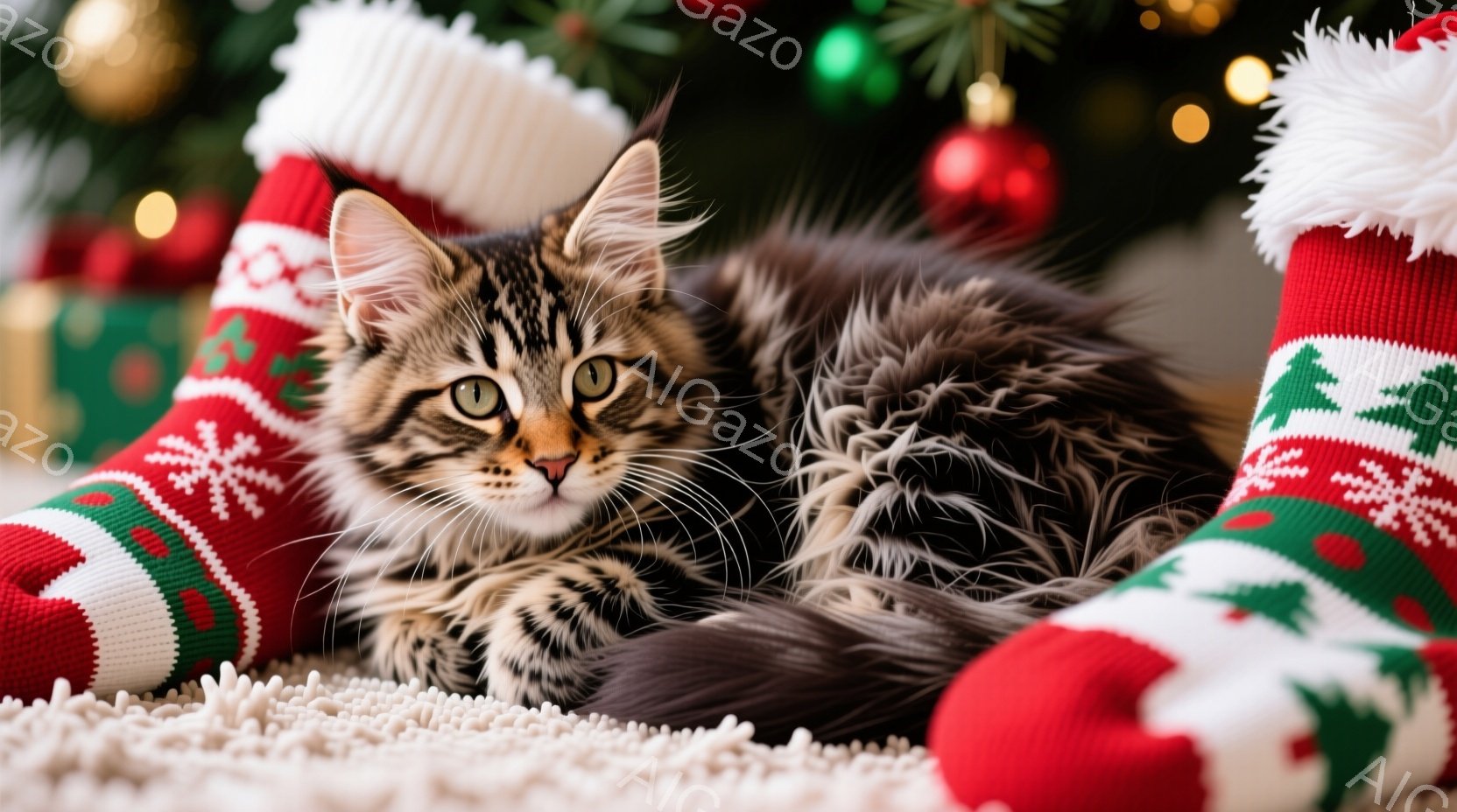 小柄な縞模様の子猫が、赤と白のクリスマス柄の靴下にもたれてリラックスしています。背景には、ぼやけたクリスマスツリーとプレゼントが見え、暖かくお祝いムードが漂います。子猫は落ち着いた表情で、ふわふわの毛並みが特徴的です。