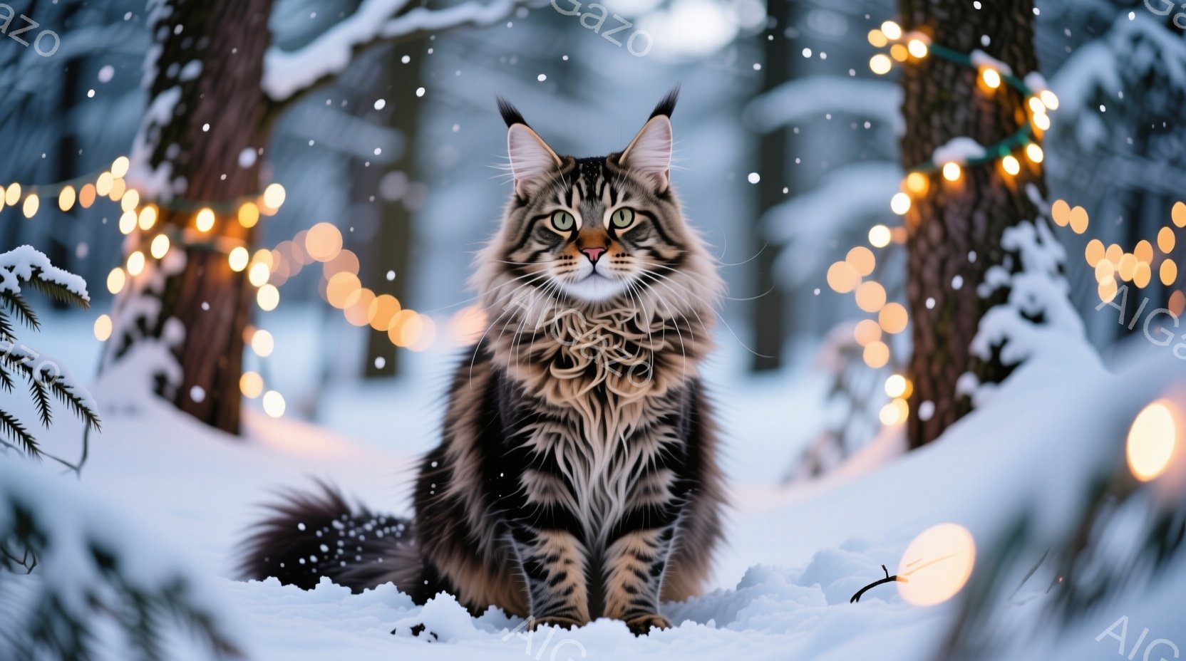 長毛の猫が雪の上に座っており、緑色の目をカメラに向けています。背景にはぼやけた木々と、暖かく輝く電飾が散りばめられており、冬の静かで幻想的な雰囲気を醸し出しています。猫の毛並みは美しく、雪景色の中で際 - AI生成フリー素材
