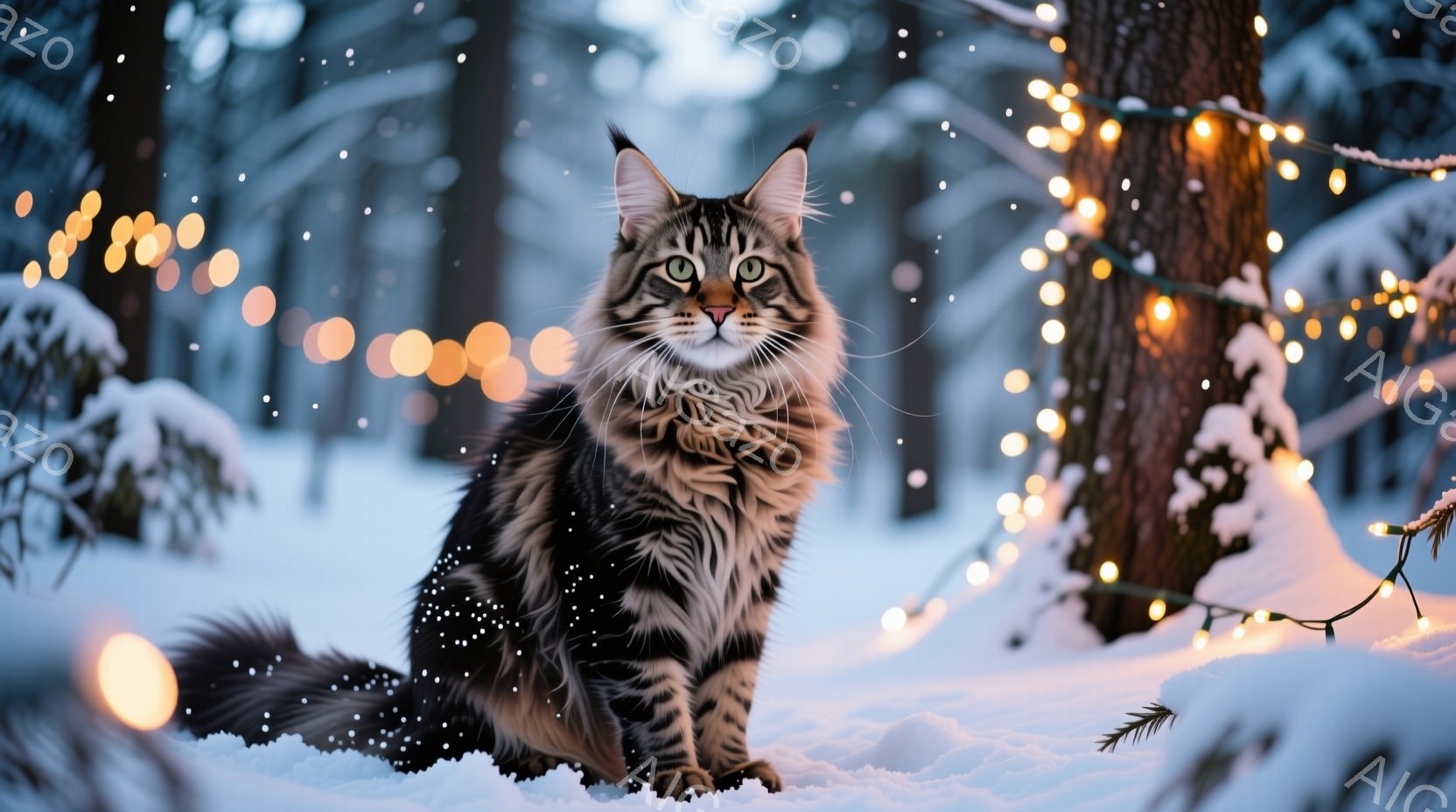 縞模様の大きな猫が雪の上に座っており、緑色の目を力強く見つめています。背景には雪で覆われた木々と、暖かく輝く電飾が散りばめられ、冬の静かで幻想的な雰囲気を醸し出しています。猫の毛並みはふさふさとしてお - AI生成フリー素材