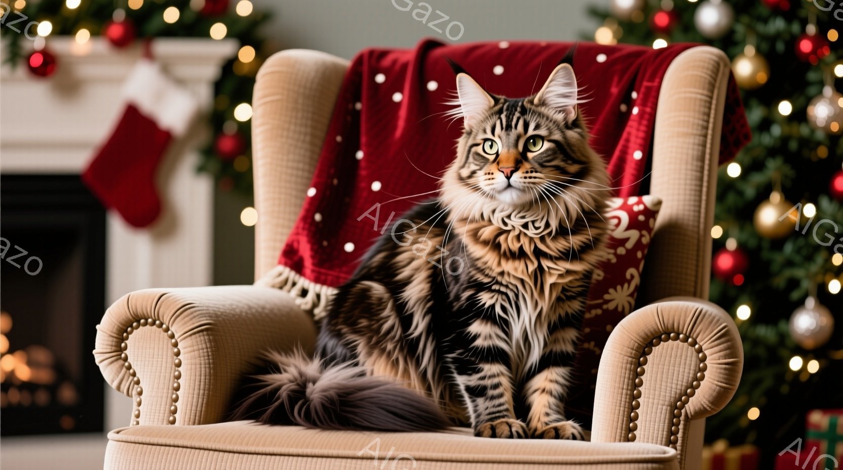 長毛のトラ柄の猫が、クリーム色の肘掛け椅子に座っています。猫は自信に満ちた表情でカメラを見つめており、その豪華な毛並みは背景のクリスマス装飾と調和しています。背景には、暖炉、クリスマスツリー、プレゼント、そして赤色のストッキングが見え、温かく居心地の良い祝祭の雰囲気を醸し出しています。