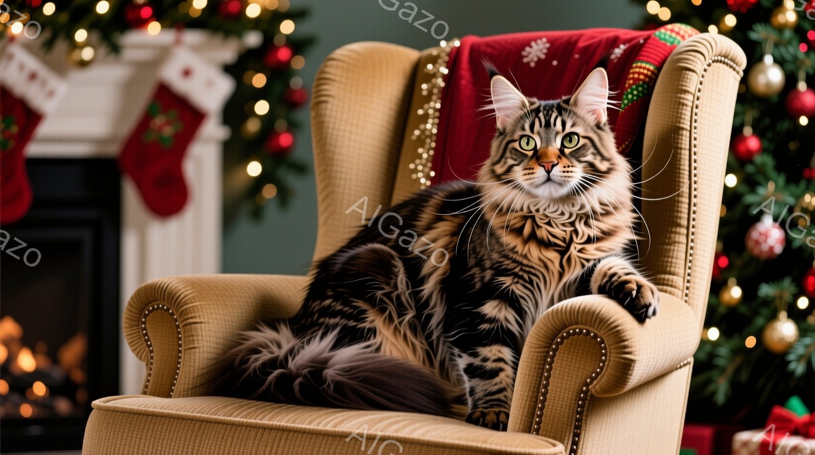 大きなトラ柄の猫が、鋲のついたクリーム色の肘掛け椅子に優雅に座っています。クリスマスツリーや暖炉、赤いクリスマスストッキングが背景に見え、暖かいお祝いの雰囲気を醸し出しています。猫はリラックスした表情 - AI生成フリー素材