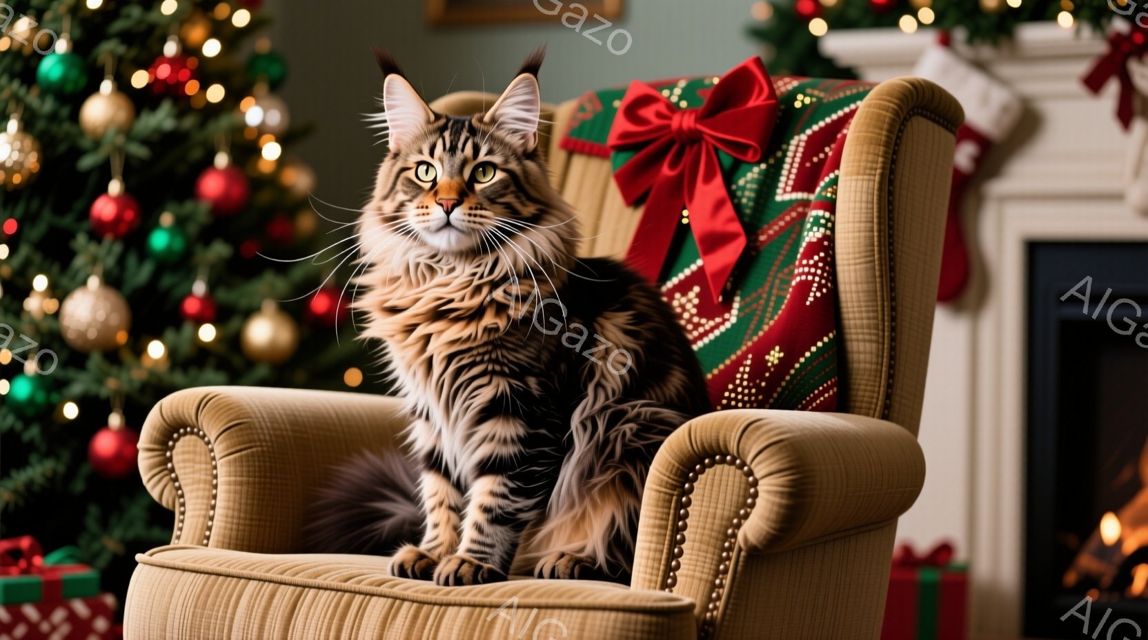大きな毛並みのトラ柄の猫が、鋲が施されたベージュの肘掛け椅子に座っています。猫はまっすぐ前を見据え、鋭い視線を向けており、リラックスしながらも威厳のある姿勢を保っています。背景にはクリスマスツリーやプ - AI生成フリー素材