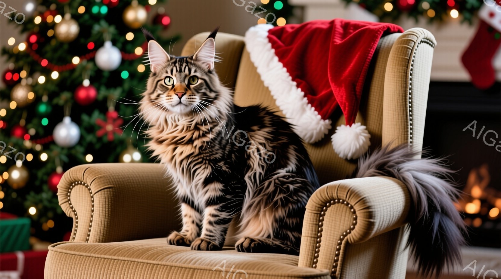 長毛の縞模様の猫が、豪華な金色の椅子に座っています。猫はクリスマス用の赤い帽子を被っており、リラックスした表情で正面を見つめています。背景には、明るいクリスマスツリーとプレゼント、暖炉の光がぼんやりと - AI生成フリー素材