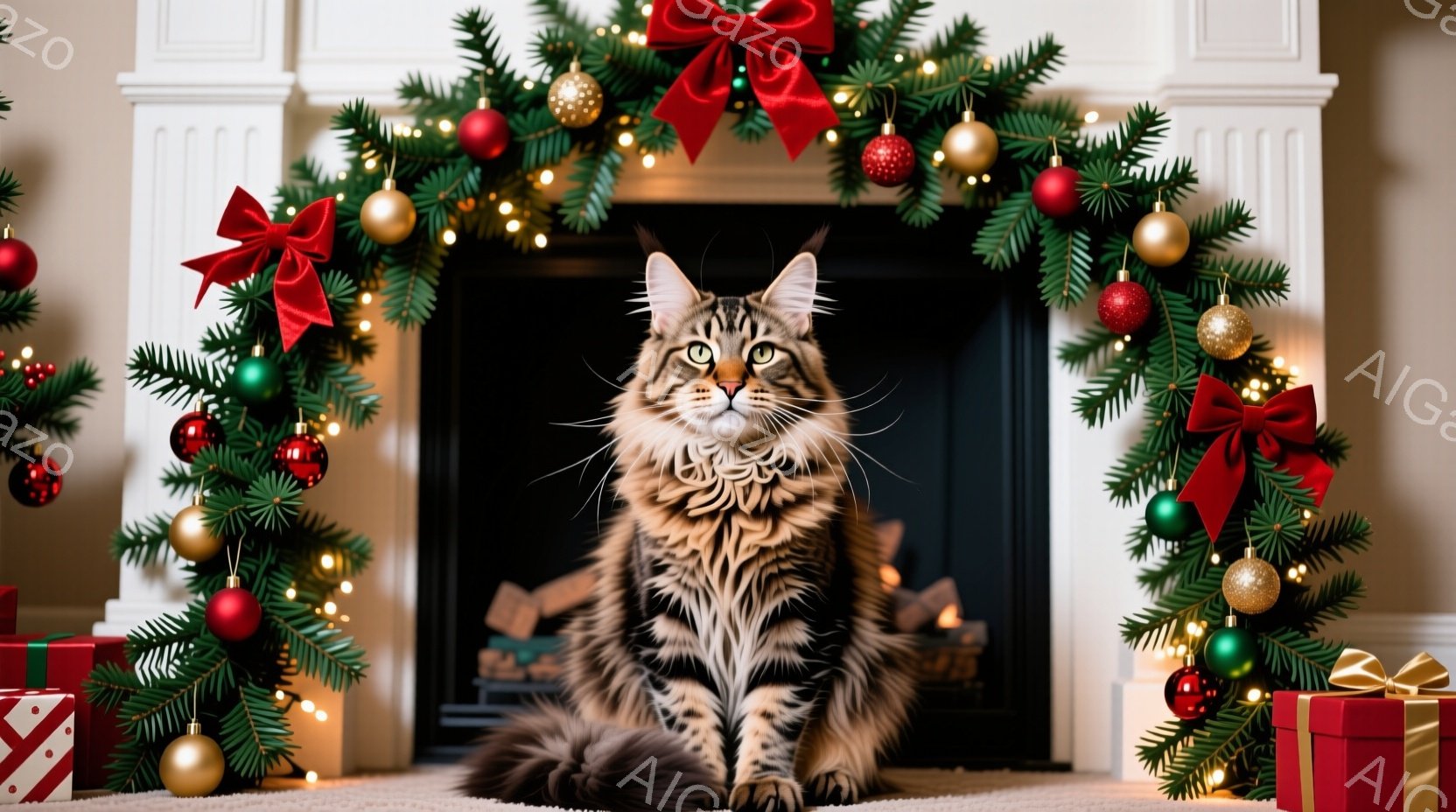 長毛の猫が、赤い背景に白いドット模様のキルトの上に横たわっています。猫は茶色と黒の縞模様の毛並みで、緑色の目をしています。背景には、ぼやけたクリスマスツリーとプレゼントボックスが見え、お祝いの雰囲気を - AI生成フリー素材