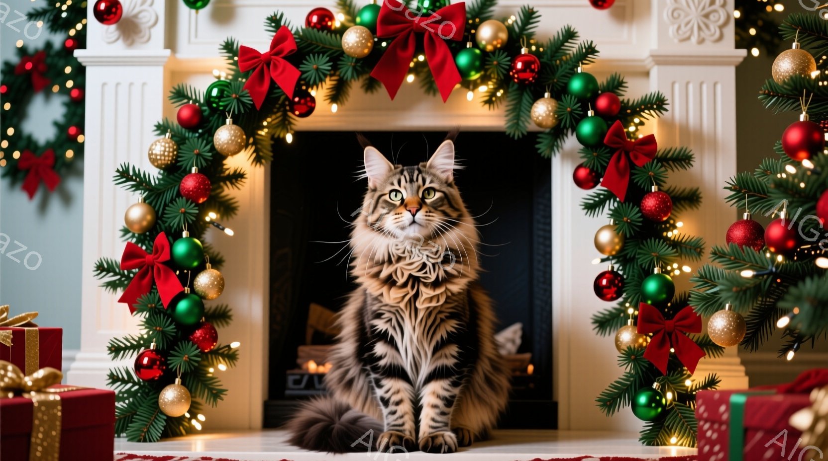 暖炉の前に、縞模様の大きな猫が座っています。猫はまっすぐ前を見ていて、少し厳かな表情をしています。背景にはクリスマスツリーとプレゼント、そして緑と赤の飾り付けが施された暖炉があり、温かくお祝いムードに包まれています。