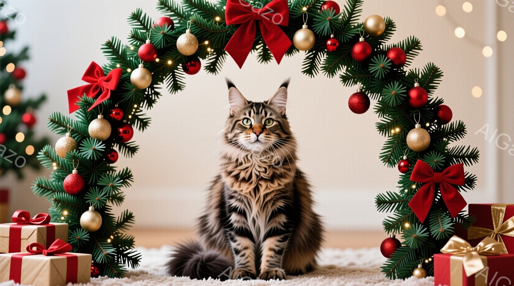 長毛の縞模様の猫が、クリスマスツリーのアーチの下に座っています。背景には、赤いリボンとオーナメントで飾られたクリスマスツリーと、リボンで結ばれたプレゼントの箱が置かれています。全体的に、暖かく、お祝い - AI生成フリー素材