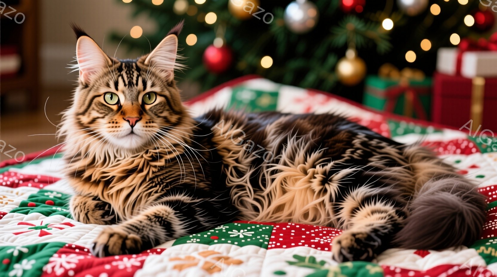 長毛の猫が、赤、緑、白のキルトの上に横たわっています。猫は明るい黄金色の目をしており、わずかにカメラを見つめ、落ち着いた表情をしています。背景にはぼやけたクリスマスツリーとプレゼントがあり、温かく、お - AI生成フリー素材