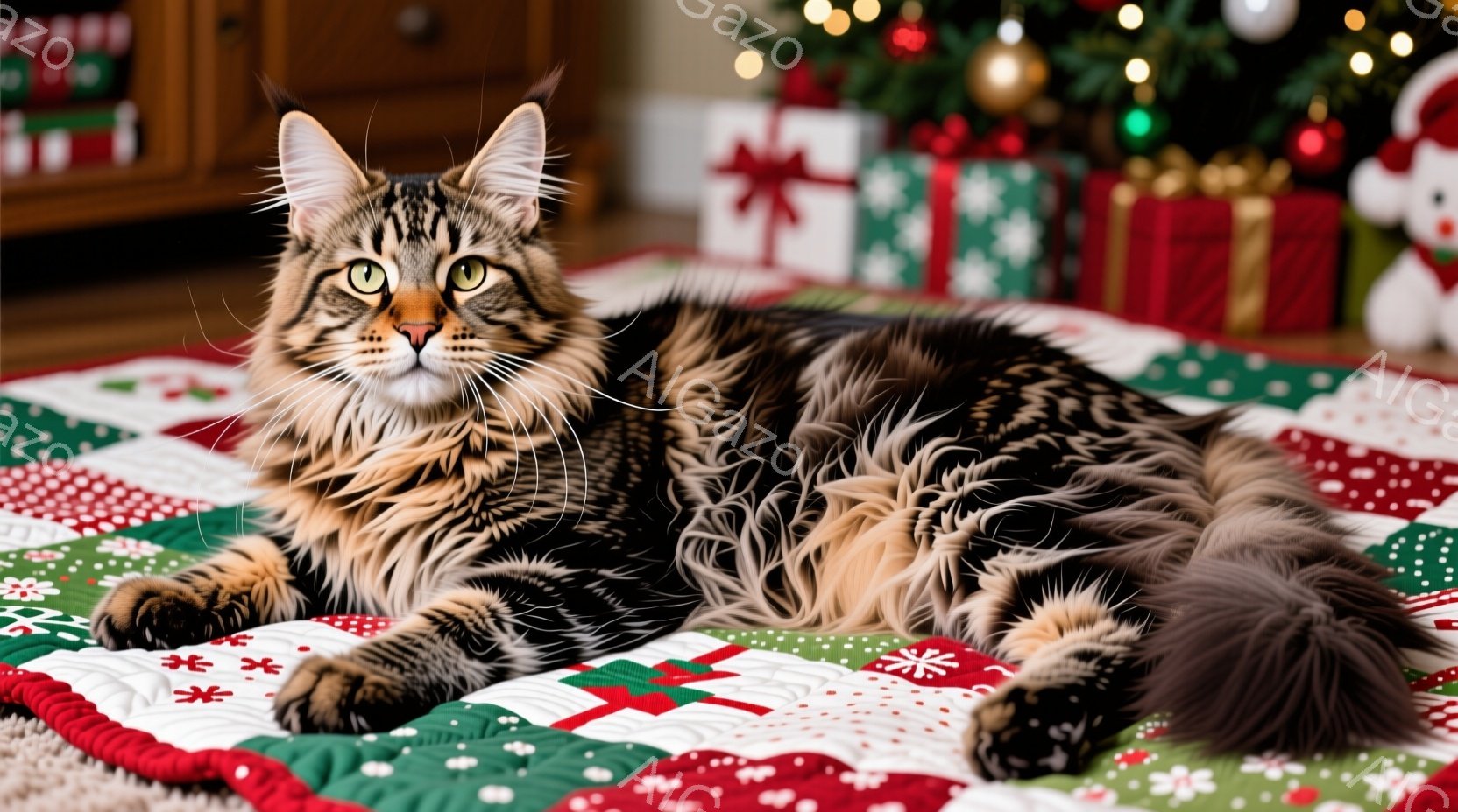 長毛の猫が、クリスマス柄のパッチワークキルトの上に横たわっています。猫は琥珀色の目を持ち、リラックスした表情で、ふさふさとした長い尻尾が特徴的です。背景にはクリスマスツリーとプレゼントがあり、暖かくお - AI生成フリー素材
