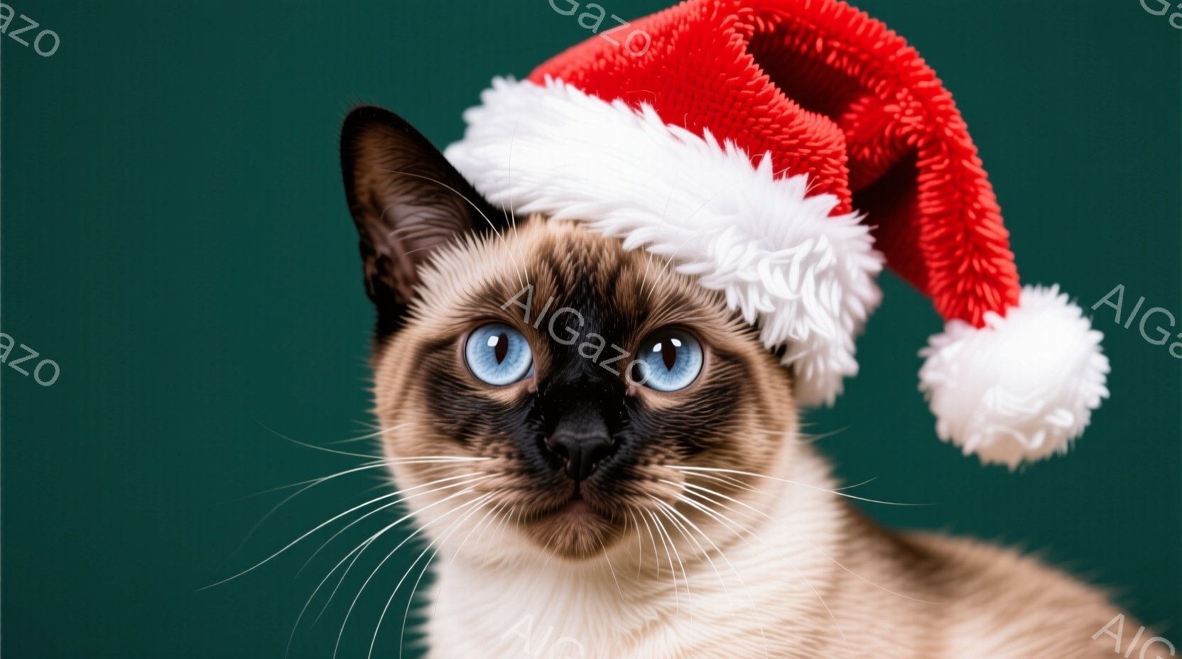 シーマーズ猫が、クリスマス風の赤い帽子を頭に乗せて正面を見つめている。鮮やかな青い目が印象的で、少しいたずらっぽい表情をしている。背景は深緑色で、猫の毛色とコントラストがはっきりしている。 - AI生成フリー素材