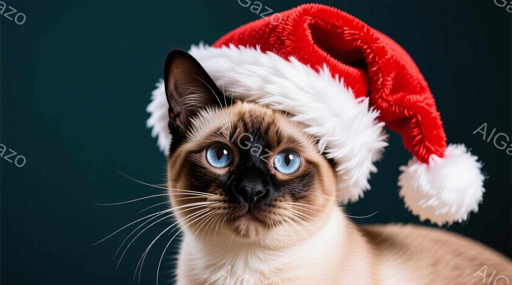 シーマーズ猫が画面中央を占めています。鮮やかなブルーの瞳と、クリーム色の毛並みに茶色のポイントが特徴的で、頭には白い毛皮で縁取られた赤いサンタ帽を被っています。背景は濃い青色で、猫の美しい毛並みと表情を際立たせており、クリスマスの楽しい雰囲気を醸し出しています。