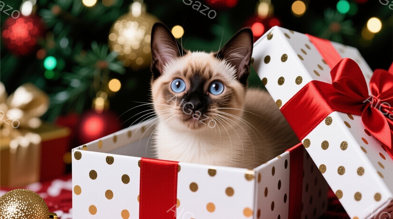 白い水玉模様のギフトボックスの中に、美しい青い目をしたシャム猫が座っています。猫はカメラの方を見ており、わずかに微笑んでいるように見え、リラックスした様子です。背景には、ぼやけたクリスマスツリーとオー - AI生成フリー素材