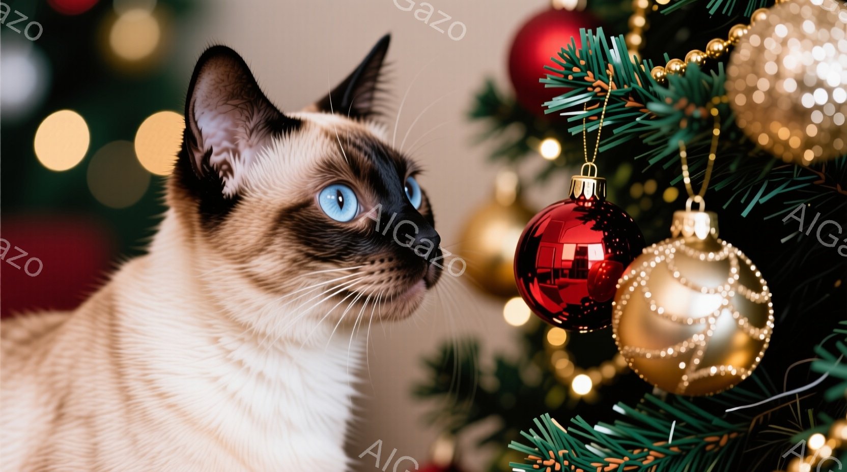 シーマル猫がクリスマスツリーの飾りを見つめている姿が捉えられています。猫は明るいベージュ色の毛並みで、青い目が印象的です。背景には緑のクリスマスツリーの葉と、赤と金色のオーナメントが散りばめられており - AI生成フリー素材