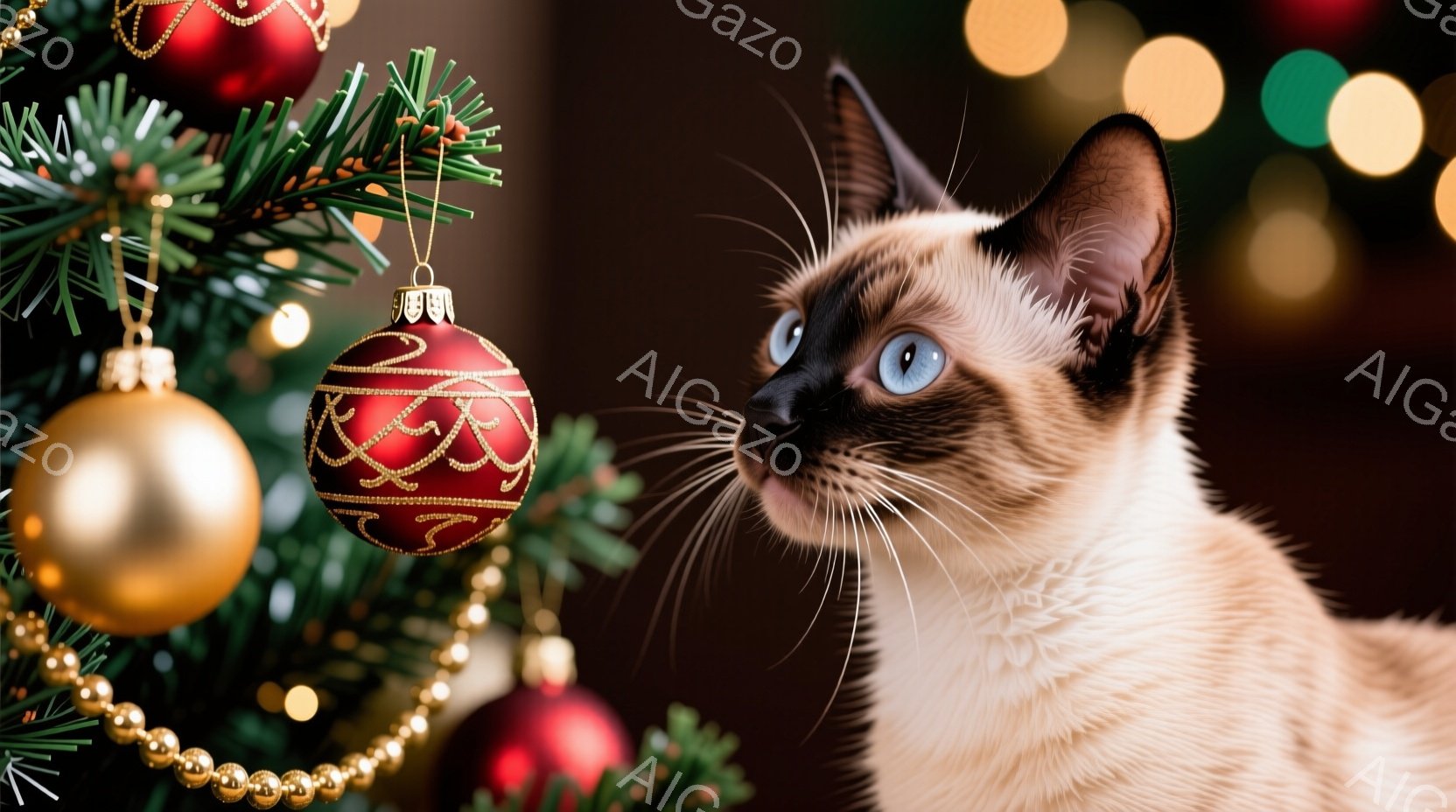 シーマーズ猫がクリスマスツリーのそばでこちらを見ている様子が写っています。猫はクリーム色の毛並みに青い目をしており、少し上を見上げている表情が可愛らしいです。背景には緑のクリスマスツリーと金や赤のオー - AI生成フリー素材