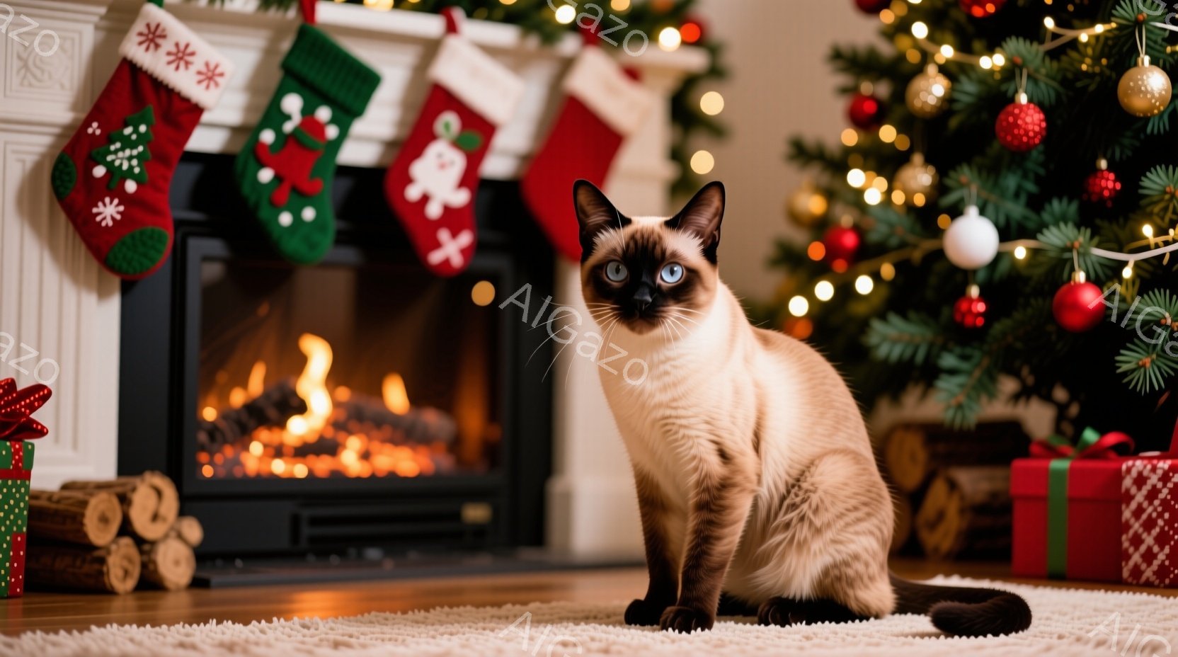 シーマル猫が白いラグの上に座っており、正面を見つめています。背景には、暖炉、クリスマスストッキング、そして飾り付けられたクリスマスツリーがあり、全体的に温かく、お祝いムードの漂う光景です。プレゼントボ - AI生成フリー素材