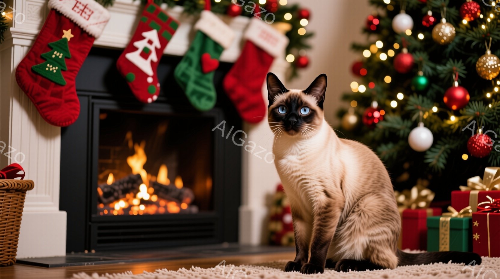 シーモントーンの猫が、暖炉の前で優雅に座っています。背景には、クリスマスツリーとプレゼント、そして暖炉から見える炎が暖かく、お祝いの雰囲気を醸し出しています。明るい照明と暖炉の炎が、室内を温かく照らし、穏やかな冬の夜を連想させます。