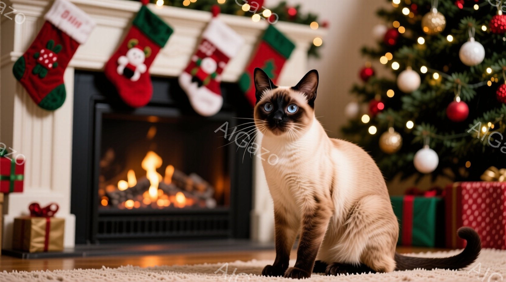 シーマル猫が明るいベージュ色のカーペットの上に座り、カメラの方を見ています。背景には、クリスマスツリー、暖炉、そしてクリスマスストッキングが飾られており、全体的に温かくお祝いムードに満ちています。暖炉 - AI生成フリー素材