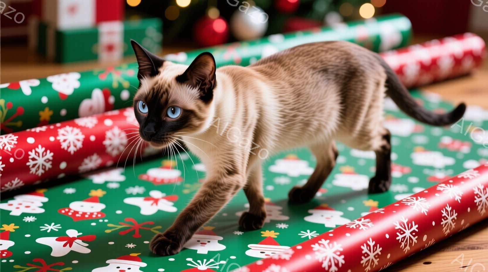 シーマル猫が、クリスマス柄の包装紙の上を歩いています。猫は茶色とクリーム色の毛並みで、鮮やかな青い目が印象的です。背景には、クリスマスツリーの飾りや、他の包装紙が写っており、お祝いの雰囲気が漂っていま - AI生成フリー素材