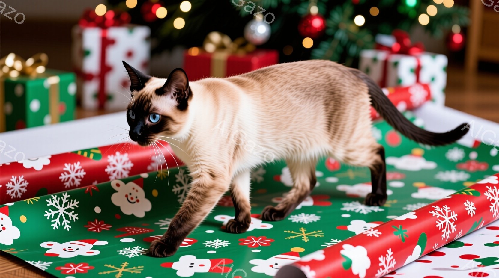 シャム猫がクリスマスギフト用の包装紙の上を歩いています。猫は深いブルーの瞳を持ち、優雅な姿勢で前方を凝視しています。背景には、赤、緑、金色のクリスマスツリーの飾りやプレゼントが散りばめられており、華や - AI生成フリー素材