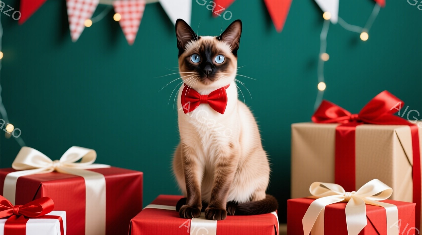 シーマル猫が、赤いリボンで飾られたプレゼントボックスの上に座っています。猫は鮮やかな青い目をしており、赤い蝶ネクタイをつけています。背景は深い緑色で、クリスマスガーランドとキラキラと輝くライトで飾られ - AI生成フリー素材