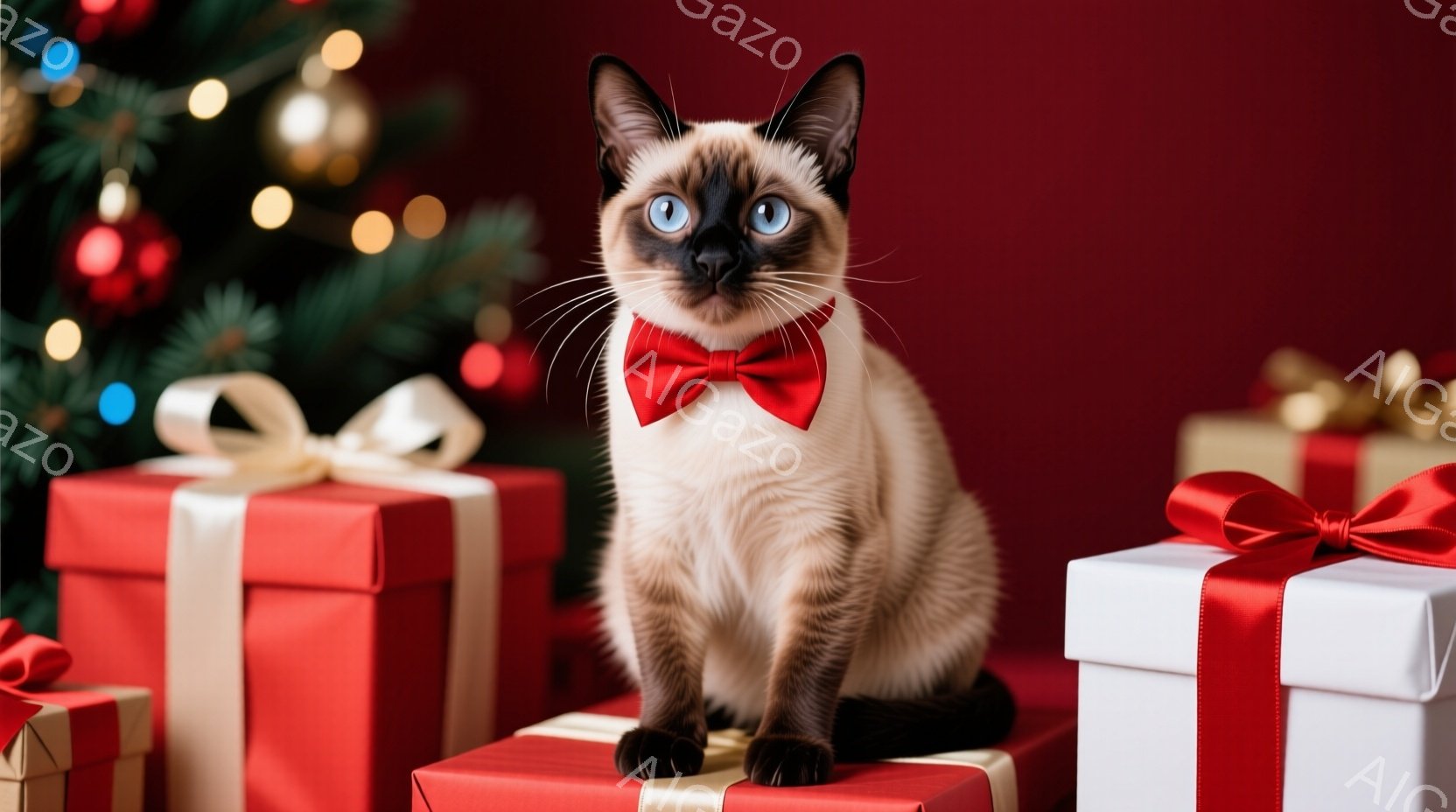シーマ模様の猫が、赤いリボンタイをつけ、プレゼントの山の上に座っています。背景には赤いクリスマスツリーと光が飾られており、暖かくお祝いムードを醸し出しています。猫は正面を見据え、少しばかり尊大な表情で - AI生成フリー素材