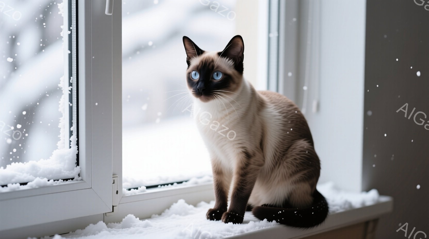 シーマルーの猫が雪の降る窓辺に座っています。その猫はクリーム色の毛並みと濃い茶色のポイントカラーを持ち、鋭い青い目と整った姿勢で、雪景色を静かに眺めています。背景には雪で覆われた外が見え、全体的に静か - AI生成フリー素材