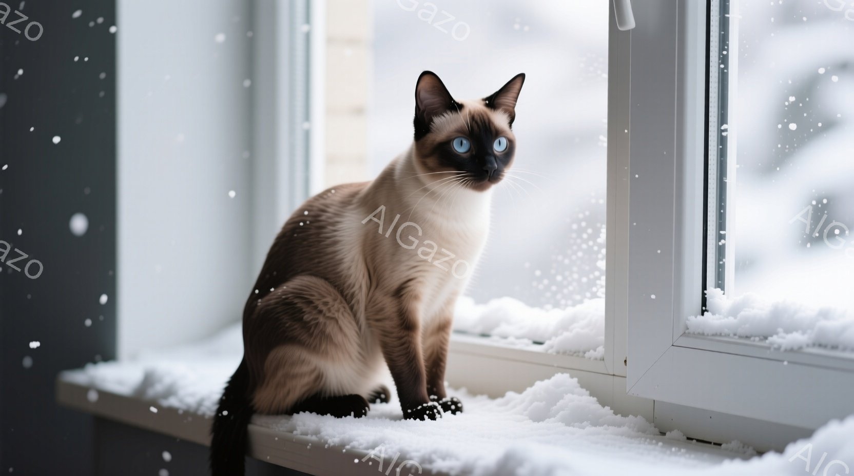 シーラ猫が雪の積もった窓枠に座って外を眺めている。猫は美しいブルーの目をしており、クリーム色の毛並みと濃い色のポイントが特徴的だ。背景は雪景色で、寒く静かな冬の雰囲気が伝わってくる。 - AI生成フリー素材