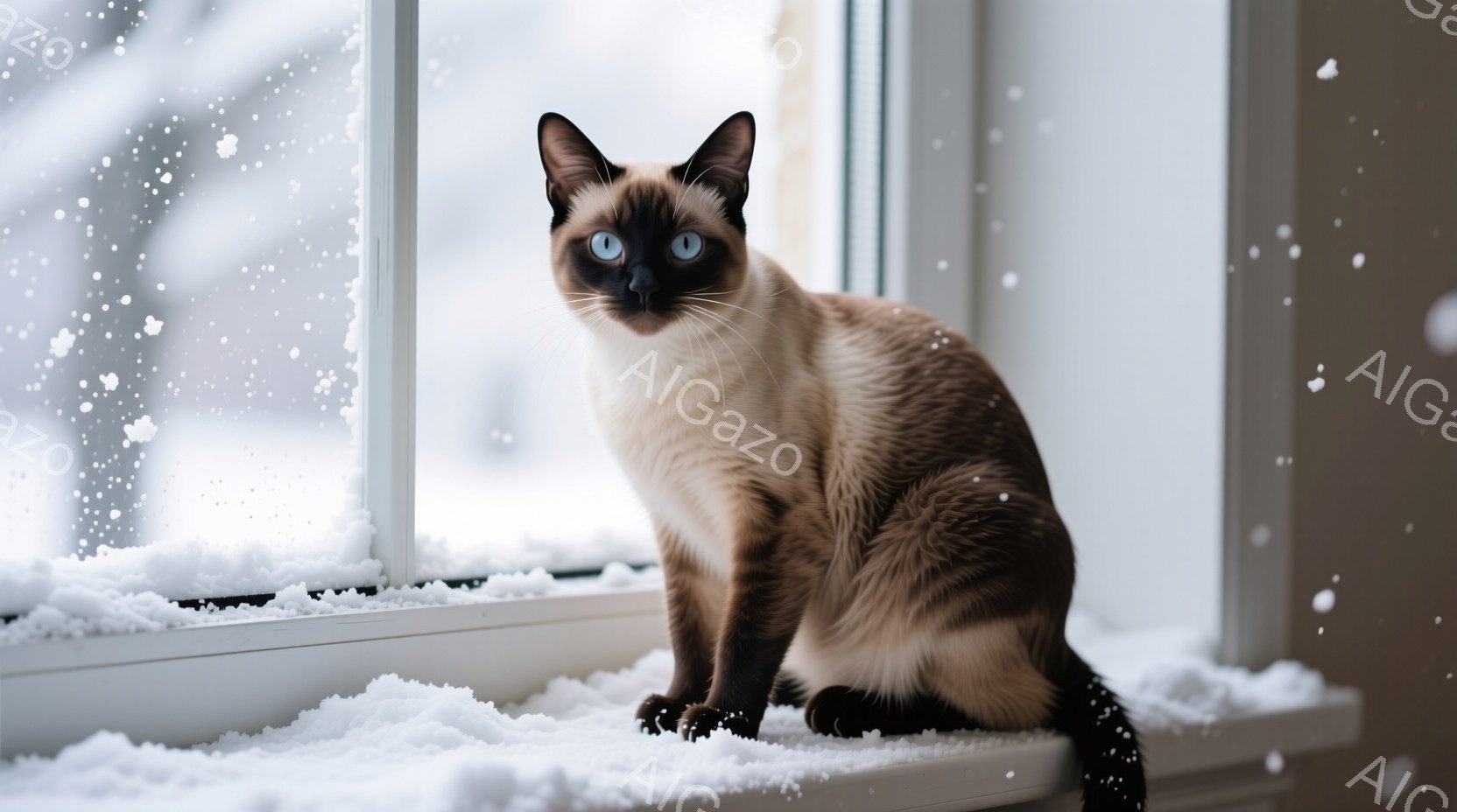 白い窓枠に座る、美しいシャム猫が写っています。猫は明るいクリーム色の毛並みに、濃い茶色のポイントカラーを持ち、鮮やかな青い目で見つめています。窓の外は雪景色で、冬の静寂な雰囲気が漂っています。