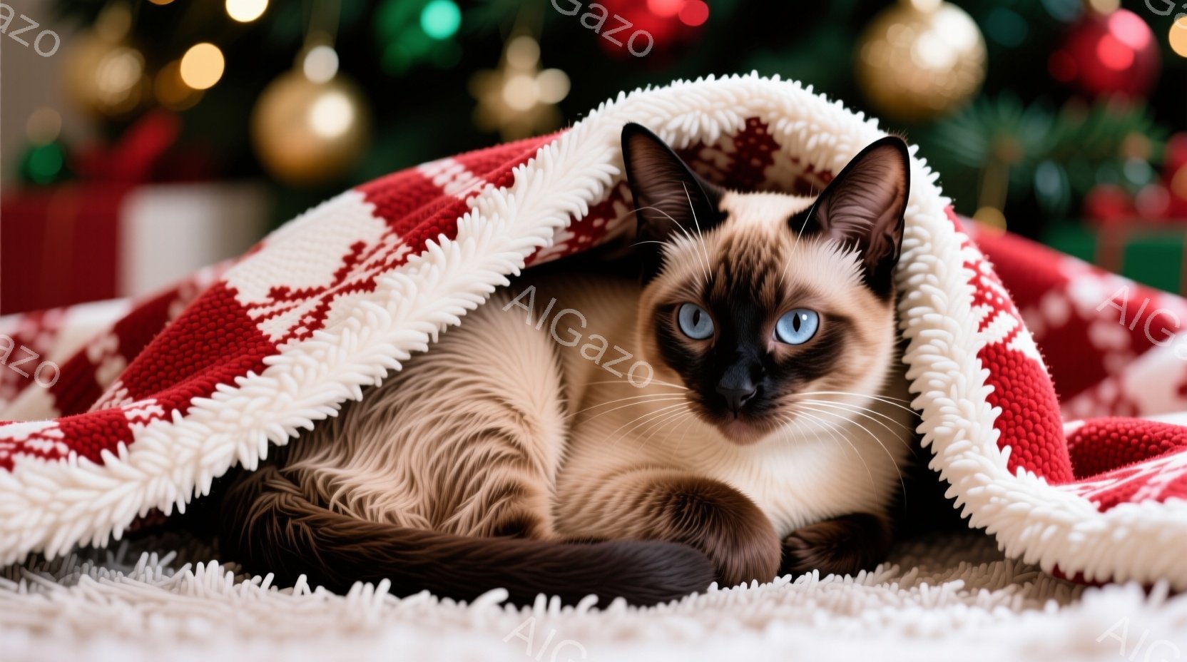 シーマーズ猫が赤い毛布に包まれてリラックスして横たわっています。その猫はポイントカラーで、鮮やかな青い目が印象的です。背景にはぼやけたクリスマスツリーの飾りが見え、暖かく心地よい雰囲気を醸し出しています。